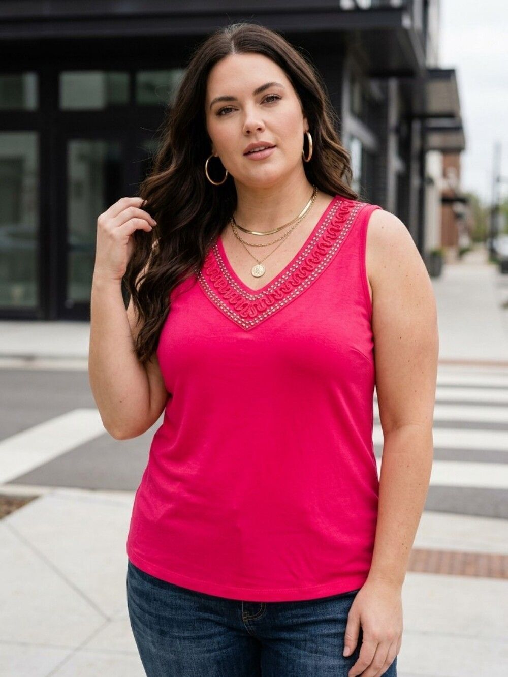 Carolyn Taylor Hot Pink Embellished V-Neck Tank – Vintage Plus Size 2X Cute Top